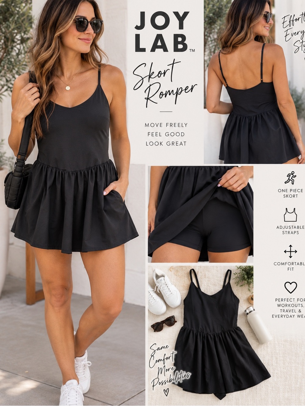 Women’s Black One Piece Skort Romper Spaghetti Strap Fit & Flare Athletic Dress